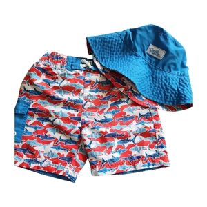 UV Skinz Swim Set Size 3T Trunks Hat Red White Blue Sharks